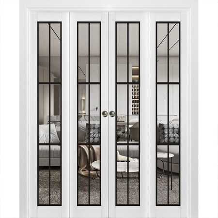 Sartodoors Sliding Closet Double Bi-fold Doors, Lucia 2366 White Silk with Clear Glass and Aluminum Strips, S LUCIA2366DBF-WS-96 x 84 (4* 24x84)