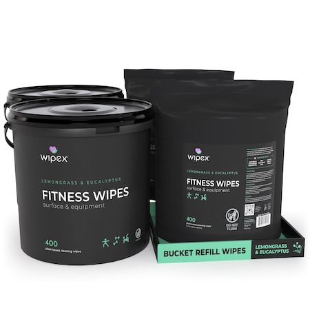 Wipex Plant-Based Gym Wipes 400ct Bundle, 2 Buckets+2 Refills, Lemongrass/Eucalyptus, 1600 Wipes total, 2PK WX72118EBR2