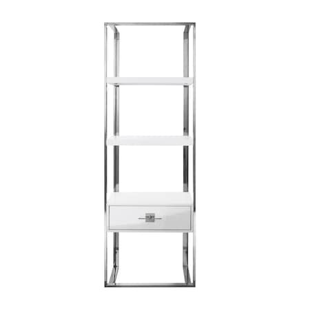 Homeroots 71" White Stainless Steel and Wood Three Tier Etagere Bookcase with A Drawer 544736