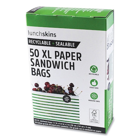 Lunchskins Paper Sandwich Bag, XL Sandwich, 7.1in x 2in x 9.4in, Green Stripes/White, 50PK 865772000494