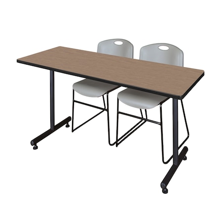 Regency Kobe T-Base Training Seminar Table W/ 2 Zeng Stack Chairs, 66 in W, 30 in L, Noble Oak MKTRCT6630NO44GY