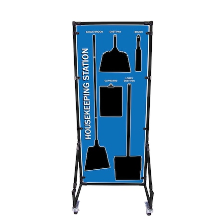5S Supplies 5S Housekeeping Shadow Board Broom Station Version 12 - Blue Board / Black Shadows With Broom HSB-V12-BLUE-KIT