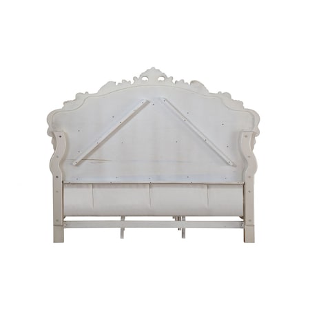 Homeroots Antiqued White Wood And Tufted Silk Queen Bed Frame With Nailhead Trim 347173