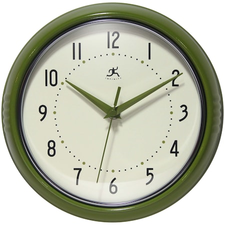 Infinity Instruments Retro Round Metal Wall Clock, Olive Green 9.5in 10940OL