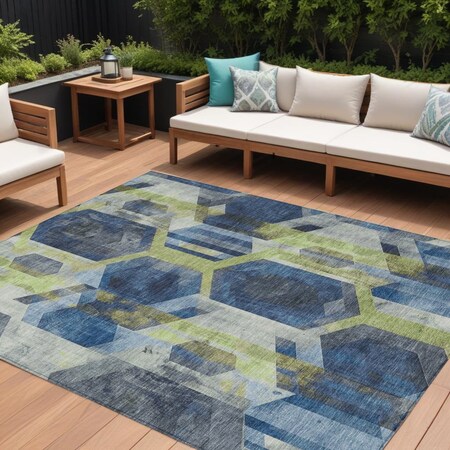 Homeroots 8' X 10' Navy Blue Gold And Silver Geometric Washable Indoor Outdoor Area Rug 618754