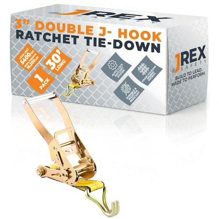 Jrex Safety HD Ratchet Strap with Double J Hooks, Yellow 3 in x 30 ft Tie Down RTD330-JR-DJH-1