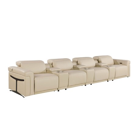 Homeroots 166" Beige Top Grain Leather Reclining Metal USB Sofa 720372