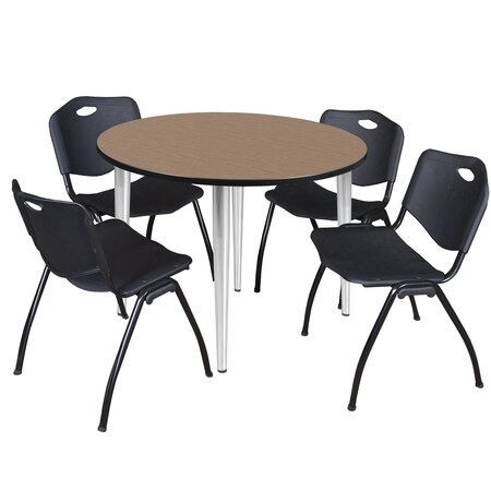 Regency Round Kahlo Breakroom Table W/ 4 M Stack Chairs, 48 in W, 48 in L, Noble Oak TPL48RNDNOCM47BK