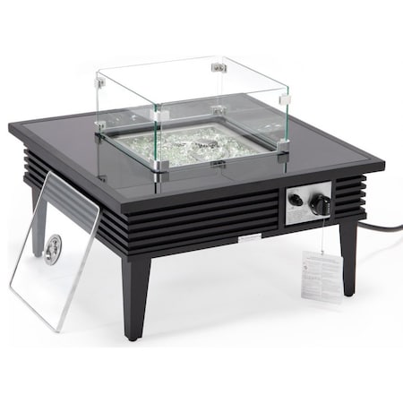 Leisuremod Walbrooke Patio Aluminum Square Slats Design Fire Pit Side Table with Lid & Fire Glass, Black WBLS-27-GL