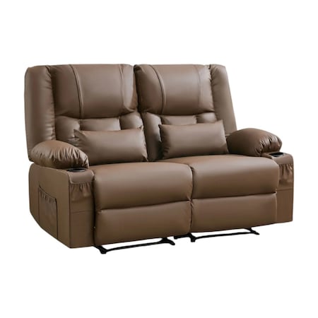 Homeroots 62in Brown Faux Leather Manual Reclining Loveseat With Storage and Toss Pillows 721195