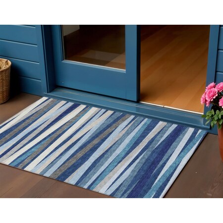Homeroots 3' X 5' Navy Blue Ivory And Gray Striped Washable Indoor Outdoor Area Rug 597343