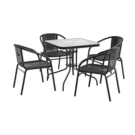 Flash Furniture Square Table Set, Aluminum, Glass, Metal, Plastic, Rattan, Clear TLH-073SQ-037BK4-GG