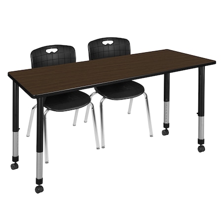 Regency Kee Mobile Adjustable Classroom Table W/ 2 Andy Stack Chairs, 72 in W, 24 in L, Neo Walnut MT7224NWAPCBK40BK