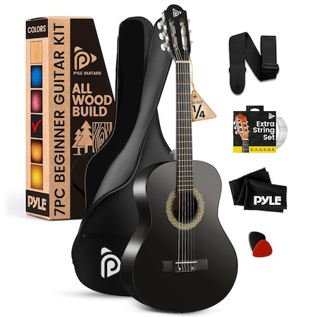 Pyle Beginner Acoustic Guitar Kit, 1/4 Junior Size All Wood Instrument for Adults, Kids, 30 in Black PGACLS30BKMT