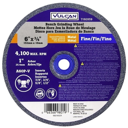 Vulcan Vulcan Straight Bench Grinding Wheel, 6 In Dia, 1 In, 6 Grit, Fine Grade, 4100 Rpm, Aluminum Oxide 980190OR