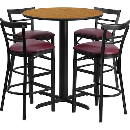 Flash Furniture Round Natural Bar Table, X-Base, Burg Seats, 24", Laminate Top, Wood Grain HDBF1039-GG
