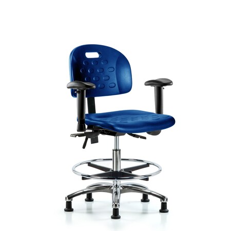 Blue Ridge Ergonomics Poly Chair Chrome, Med Bench, Arms, Foot Ring, Glides, Blue BR-HPMBCH-CR-T0-A1-CF-RG-BLU