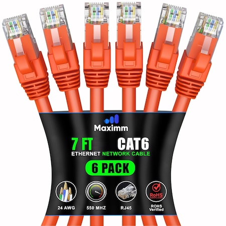 Maximm Cat6 Ethernet Cable 7ft 10Gbps 550MHz UTP, 6PK, Orange, 6PK CAT6CCA-7OR-6PK