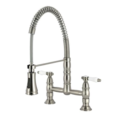 Kingston Brass Double-Handle Deck-Mount Pre-Rinse Bridge Kitchen Faucet, Brushed Nickel GS1278BPL