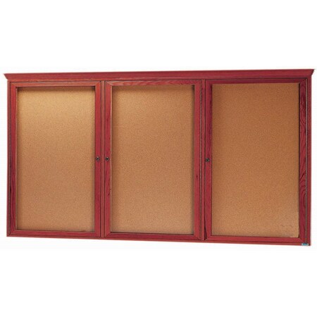 Aarco Enclosed Bulletin Board and Cherry Stained Red Oak Frame and Crown Molding, 36''Hx72''W, Three Door CBC3672RC