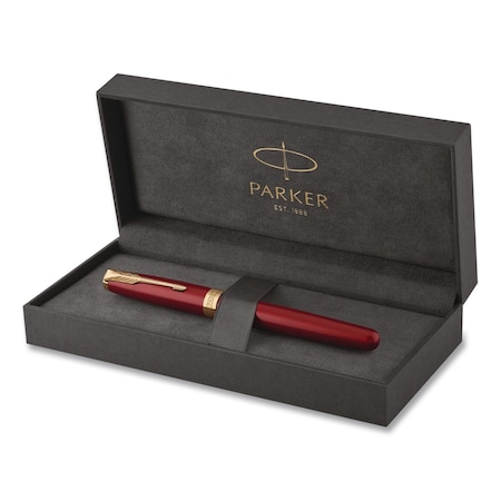 Parker Sonnet Fountain Pen with Gift Box, Medium Fountain Nib, Red Ink, Red Lacquer/Gold Barrel 1931474