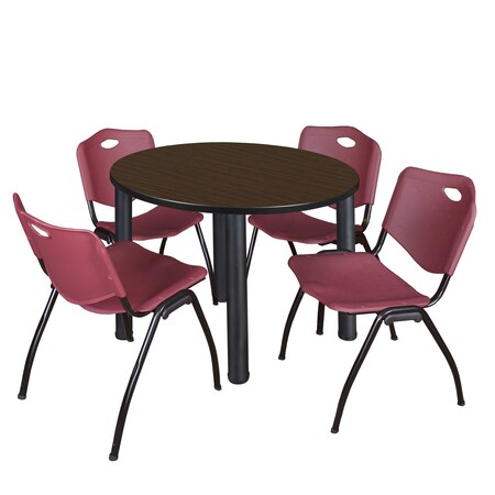 Regency Round Kee Breakroom Table W/ 4 M Stack Chairs, 36 in W, 36 in L, Neo Walnut TB36RNDNWBPBK47BY