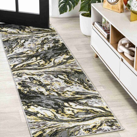 Jonathan Y Swirl Marbled Abstract Black/Yellow 2 ft. x 10 ft. Runner Rug SOR203D-210