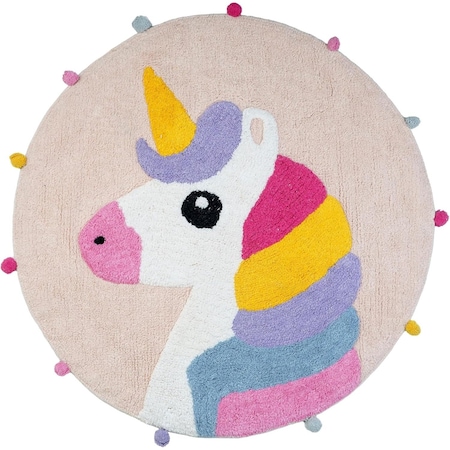 Homeroots 32" Pink And Yellow Cotton Unicorns Round Youthful Bath Rug 635393