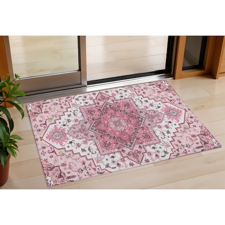 Homeroots 3' X 5' Pink Ivory And Gray Oriental Washable Indoor Outdoor Area Rug 600180