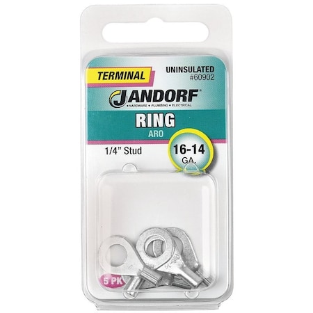 Jandorf High-Temperature Non-Insulated Ring Terminal, 16 to 14 AWG Wire, 1/4 in Stud 60902
