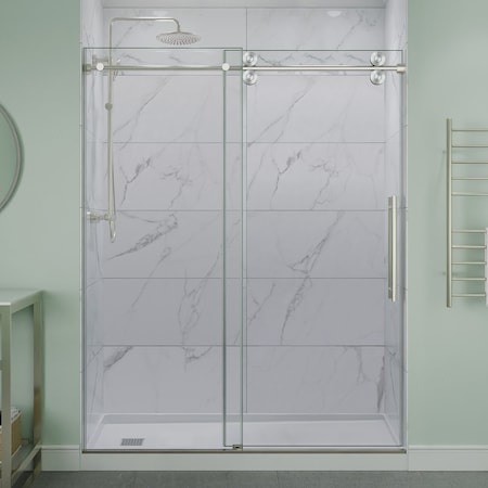 Anzzi 60in x 76in Frameless Shower Door with Sliding in Brushed Nickel with Tsunami Tempered Clear Glass SD-FRLS06102BN