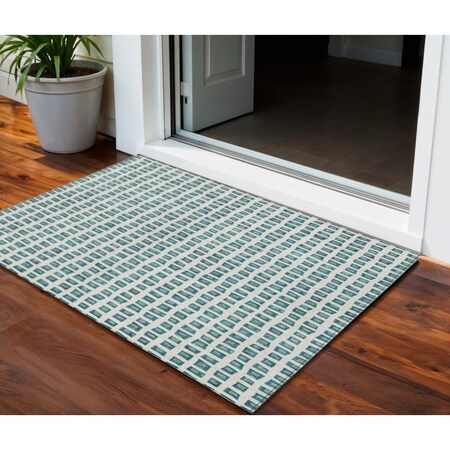 Homeroots 3' X 5' Teal Blue And Ivory Geometric Washable Indoor Outdoor Area Rug 583318