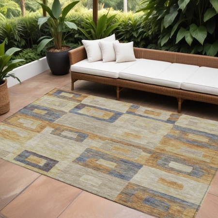 Homeroots 8' X 10' Linen Blue And Copper Geometric Washable Indoor Outdoor Area Rug 605046