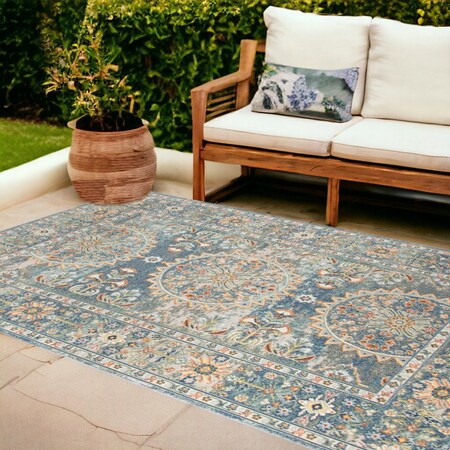 Homeroots 9' X 12' Blue and Orange Floral Medallion Stain Resistant Indoor Outdoor Area Rug 531515