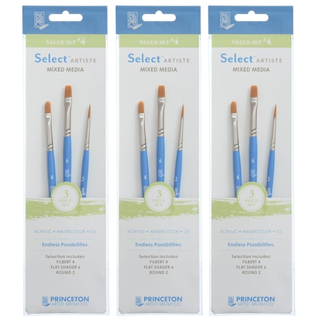 Princeton Select Artiste Brush Set No. 4, Synthetic Bristles, Short Handle Mixed Media, 3-Piece Set, 3PK P3750SET104