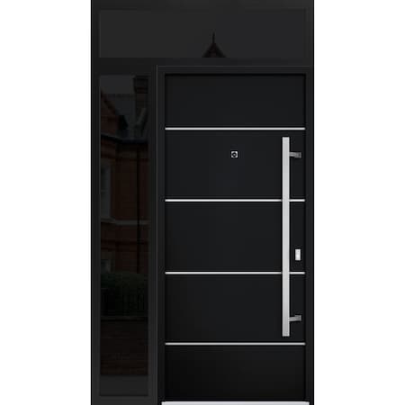 Vdomdoors Steel Door Deux 6083 Black Enamel Sidelight and Transom Window Sidelite Stainless Inserts Entry Doo DEUX6083EXD-BLK-W36+14 x H80+16-LH-I