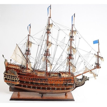 Homeroots 33" Brown Solid Wood Hand Painted Solei Royal Model Boat 401853