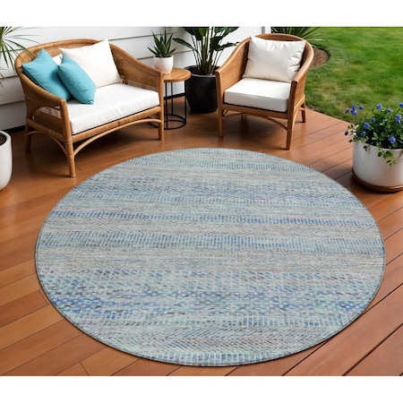 Homeroots 8' Blue And Charcoal Round Striped Washable Indoor Outdoor Area Rug 615658