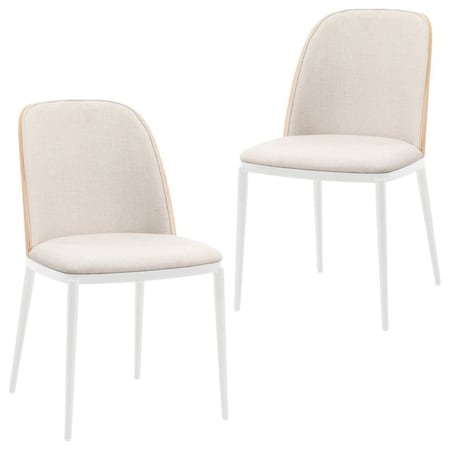 Leisuremod Tule Dining Chair with Velvet Seat & White Steel Frame, Natural Wood/Beige, 2PK TWCNW18BG2