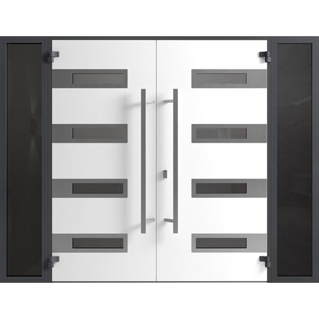 Vdomdoors Front Exterior Prehung Aluminum Double Doors Ronex0131 Black Enamel 2 Sidelights Mirrored Clear RONEX0131DEXD-BLK-W12+72+12xH80-LH-I