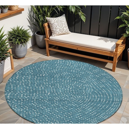 Homeroots 8' Teal Blue Gray And Ivory Round Polka Dot Washable Indoor Outdoor Area Rug 599090