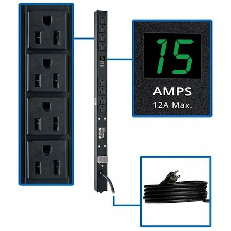 Eaton Tripp Lite Series 1.5kW Single-Phase Local Metered PDU, 100-127V Outlets 8 5-15R, 5-15P, 15 ft. PDUMV15-24