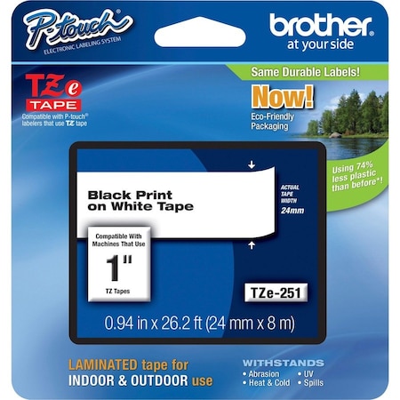 Brother Continuous Label Tape, PET, Black on White, 1 in W, 26.2 ft L, Gloss, Select P-touch Label Makers TZE251G