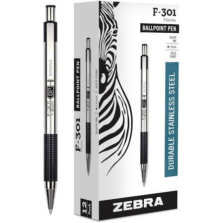 Zebra Pen F-301 Ballpoint Pen, Black, Bold, PK12 27310