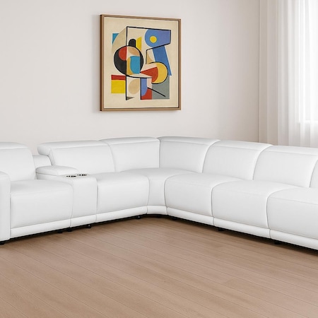 Homeroots White Italian Leather Modular L Shaped Seven Piece Corner Sectional With Console 534878
