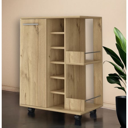 Homeroots Oak Rolling Bar Cart With Wine Storage 535094