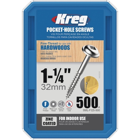 Kreg No, 7 x 1-1/4'' Square Fine Thread Maxi-Loc Head Zinc Pocket-Hole Screw, 500 Ct. SML-F125 - 500