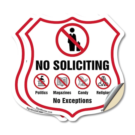 Signmission No Soliciting Shield Sign No Politics Ma, 18 inch X 18 inch, Vinyl Decal, 2PK SHI-D-2PACK-18-403