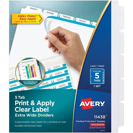 Avery Dennison Avery, PRINT AND APPLY INDEX MAKER CLEAR LABEL DIVIDERS, 5 WHITE TABS, LETTER 11438