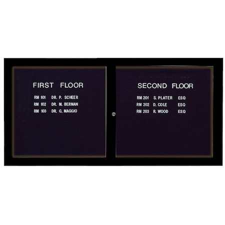 Aarco Illuminated Enclosed Letter Board Directory w/ Powder Coated Black Al Frame, 36''Hx72''W 2 Doors ADC3672IBK